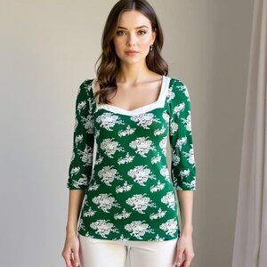 Anthropologie Porridge Kelly Green and White Y2K Floral Shirt